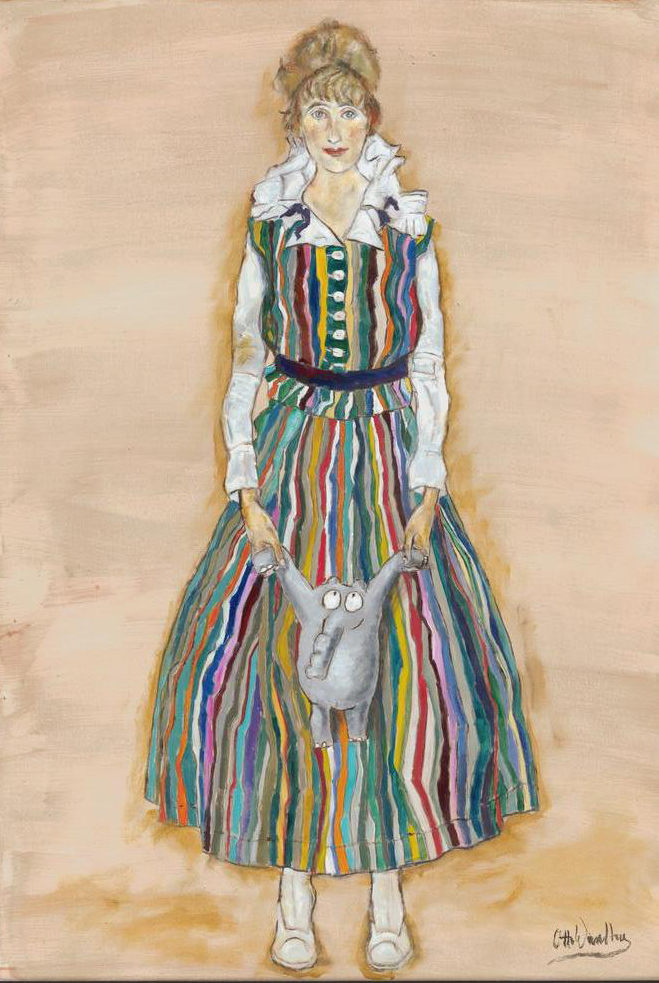Frau mit gestreiftem Kleid mit Kuscheltier - Otto Waalkes